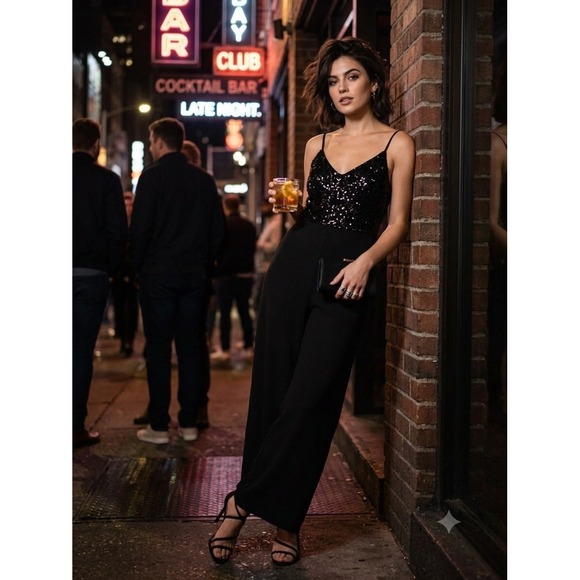 Eliza J Pants - Eliza J Black Sequin Bodice Wide Leg Jumpsuit Size 4 Evening Formal Adjustable
